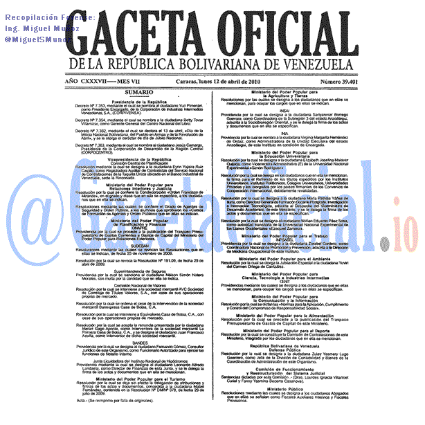 Gaceta Oficial 39401 del 12 Abril 2010