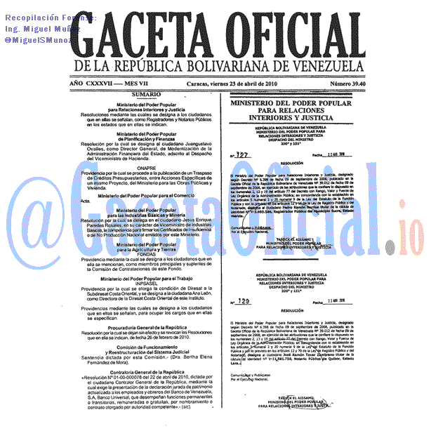 Gaceta Oficial 39409 del 23 Abril 2010