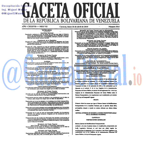 Gaceta Oficial 39410 del 26 Abril 2010