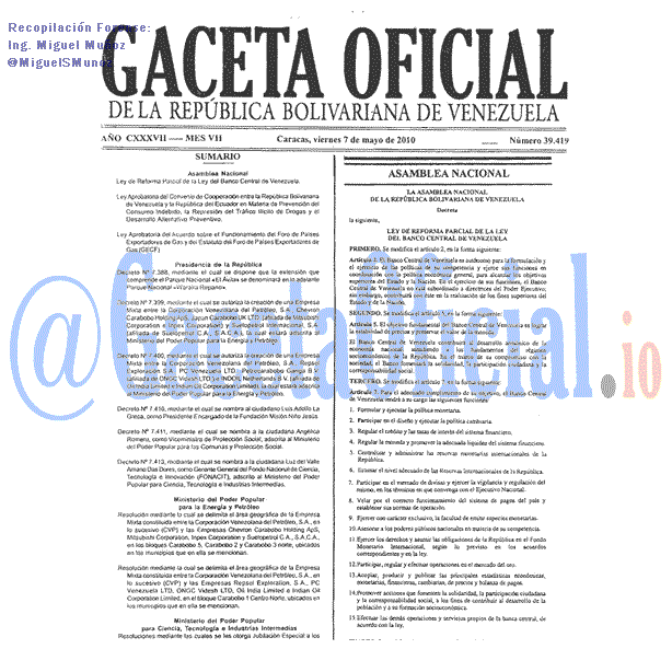 Gaceta Oficial 39419 del 7 Mayo 2010