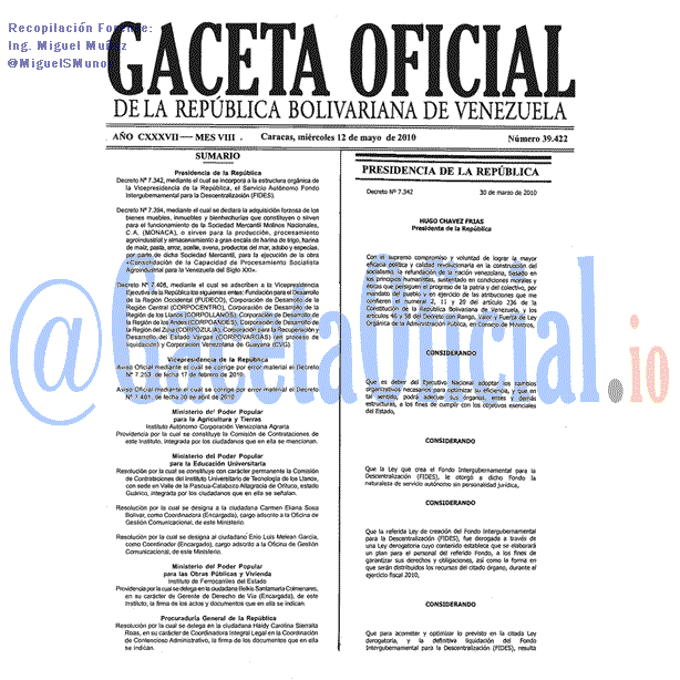 Gaceta Oficial 39422 del 12 Mayo 2010