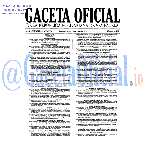 Gaceta Oficial 39423 del 13 Mayo 2010