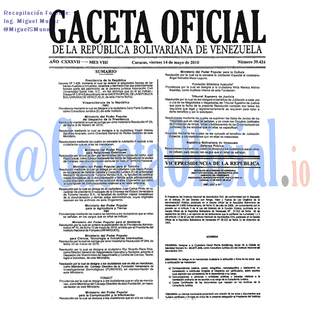 Gaceta Oficial 39424 del 14 Mayo 2010