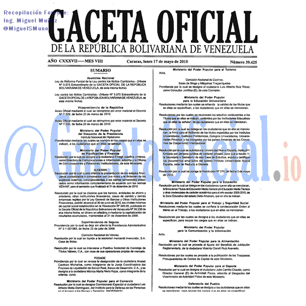 Gaceta Oficial 39425 del 17 Mayo 2010