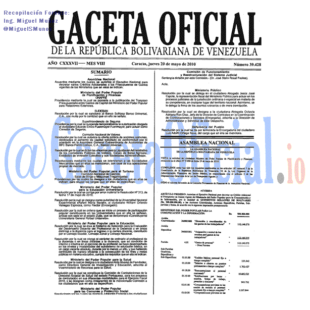 Gaceta Oficial 39428 del 20 Mayo 2010