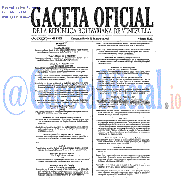 Gaceta Oficial 39432 del 26 Mayo 2010
