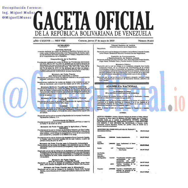 Gaceta Oficial 39433 del 27 Mayo 2010