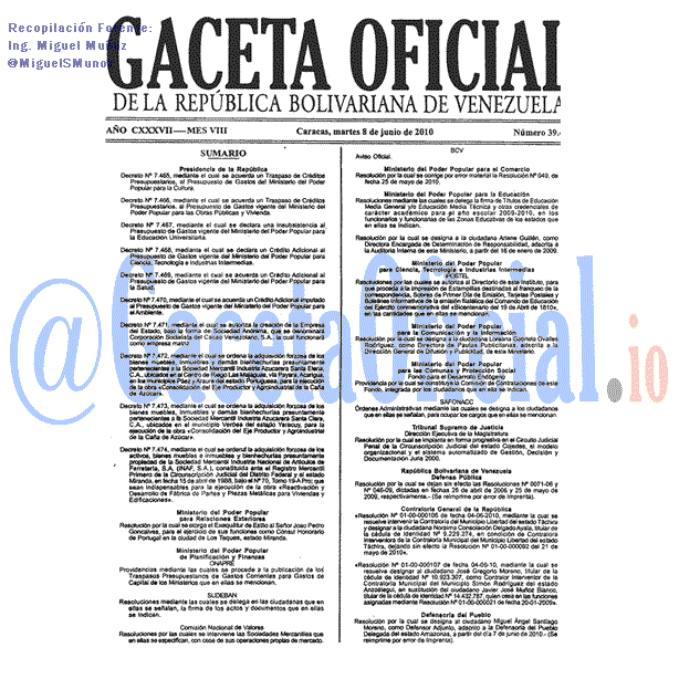 Gaceta Oficial 39441 del 8 Junio 2010