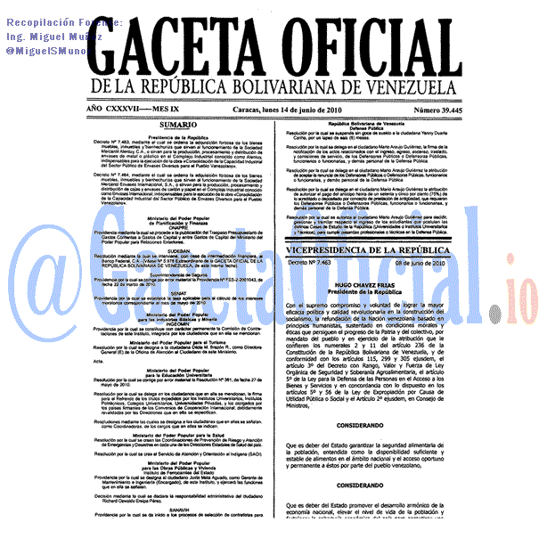 Gaceta Oficial 39445 del 14 Junio 2010
