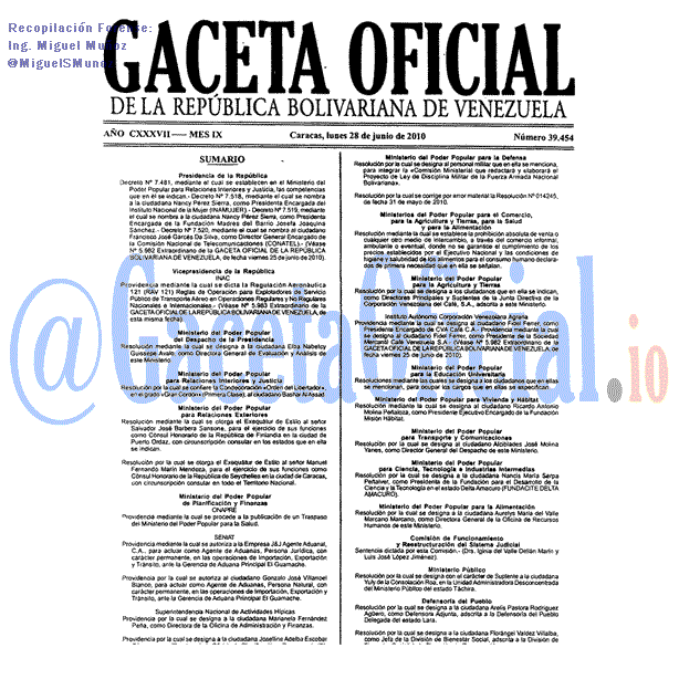 Gaceta Oficial 39454 del 28 Junio 2010