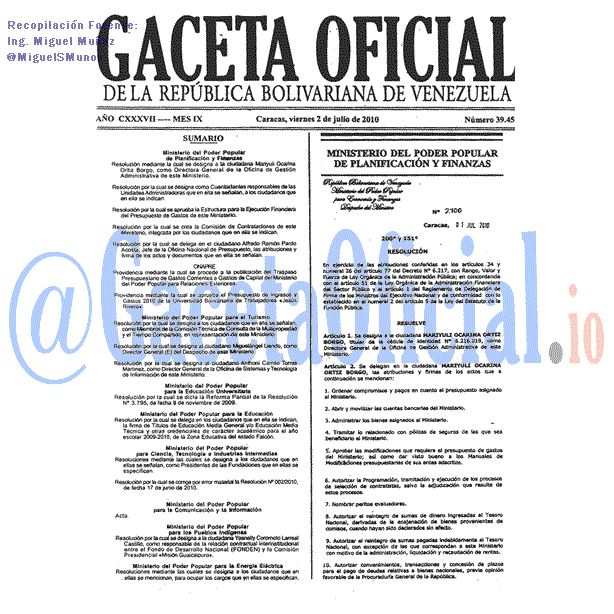 Gaceta Oficial 39458 del 2 Julio 2010