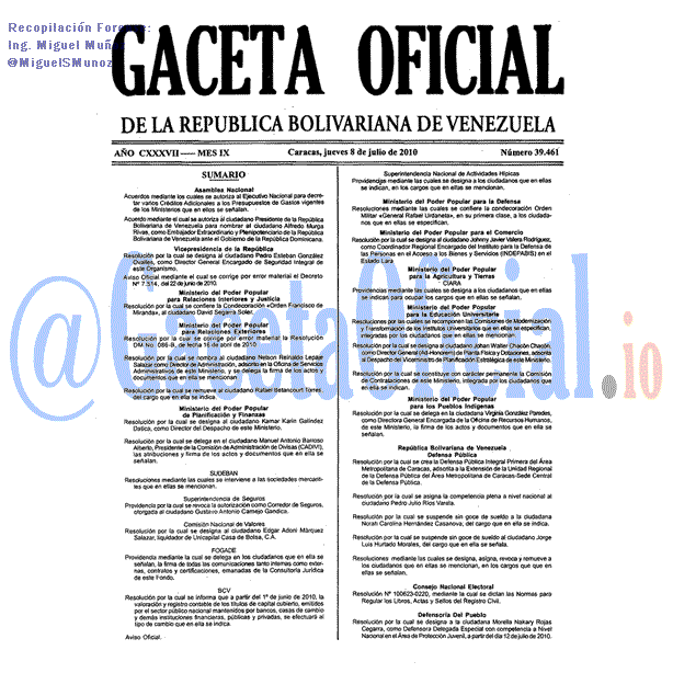 Gaceta Oficial 39461 del 8 Julio 2010