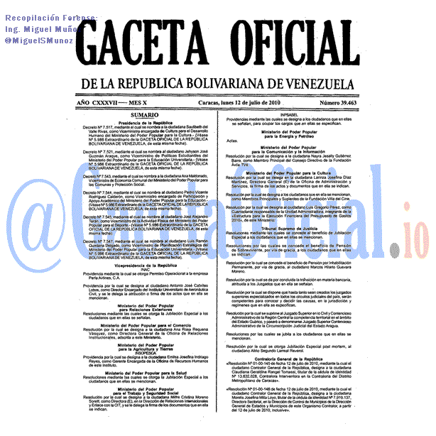 Gaceta Oficial 39463 del 12 Julio 2010