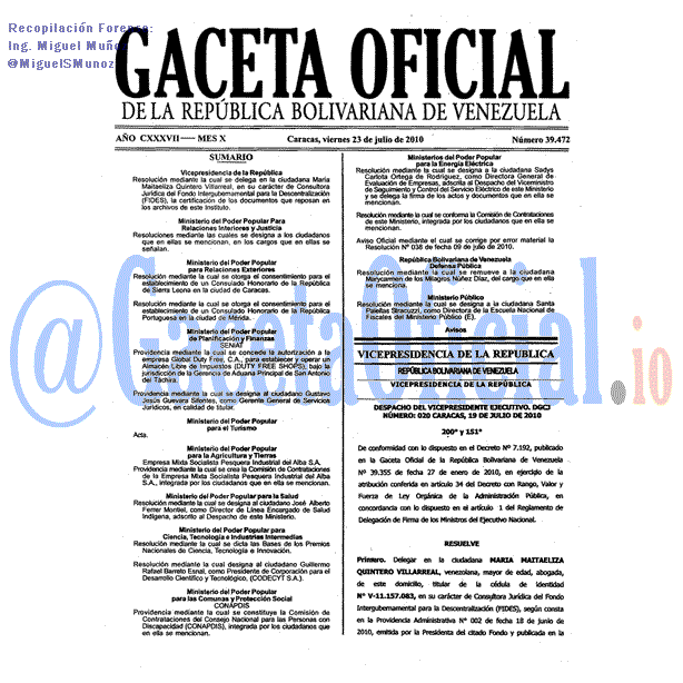 Gaceta Oficial 39472 del 23 Julio 2010