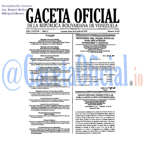 Gaceta Oficial 39473 del 26 Julio 2010