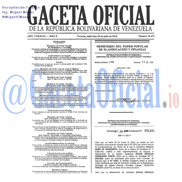 Gaceta Oficial 39475 del 28 Julio 2010