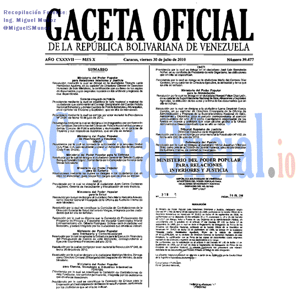 Gaceta Oficial 39477 del 30 Julio 2010