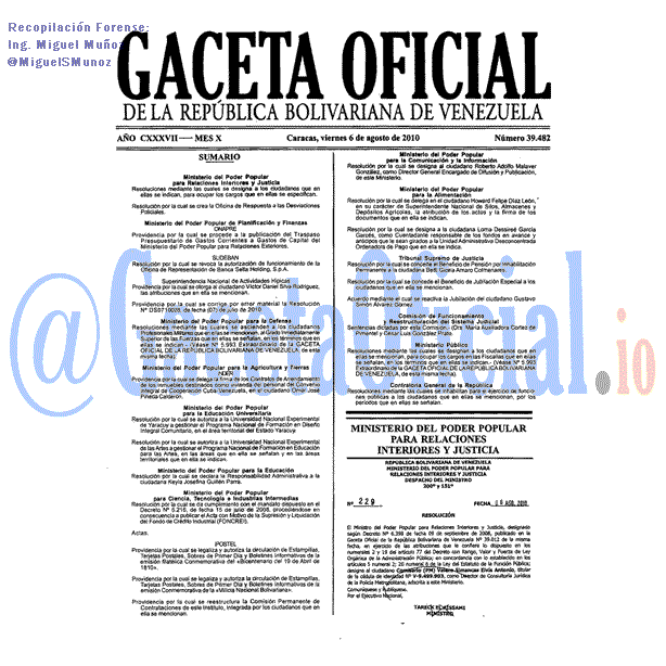 Gaceta Oficial 39482 del 6 Agosto 2010