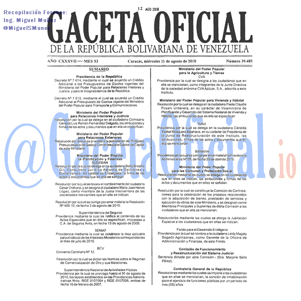 Gaceta Oficial 39485 del 11 Agosto 2010