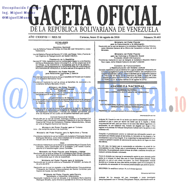 Gaceta Oficial 39493 del 23 Agosto 2010