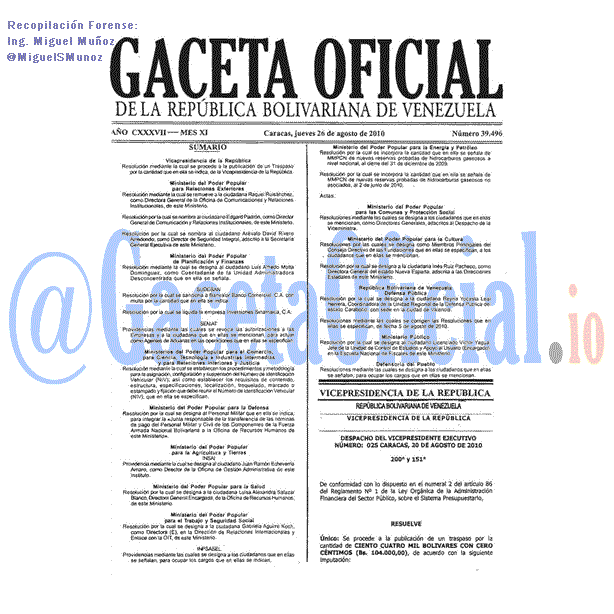 Gaceta Oficial 39496 del 26 Agosto 2010