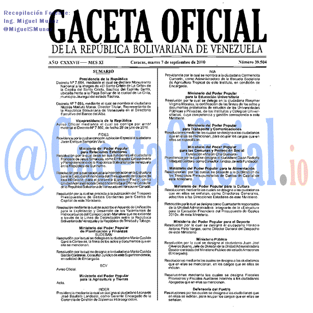 Gaceta Oficial 39504 del 7 Septiembre 2010