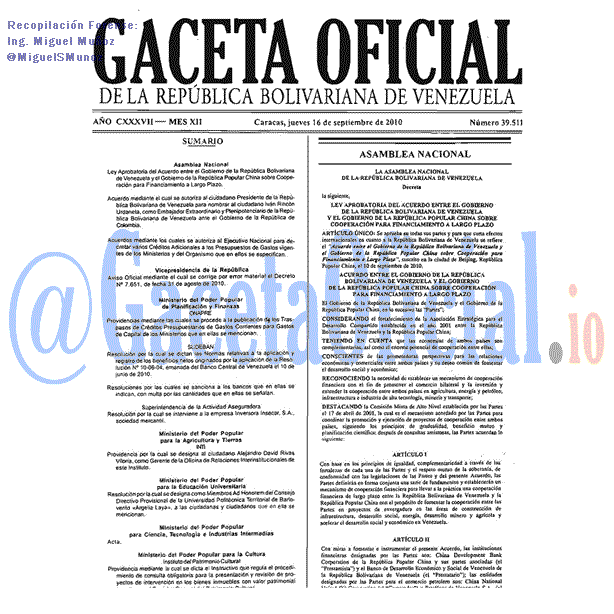 Gaceta Oficial 39511 del 16 Septiembre 2010