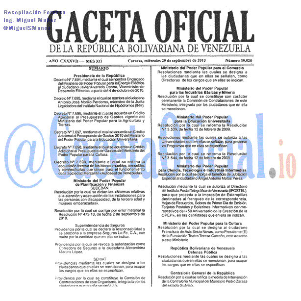 Gaceta Oficial 39520 del 29 Septiembre 2010