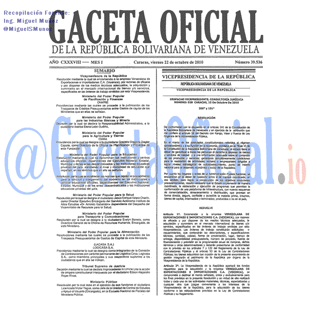 Gaceta Oficial 39536 del 22 Octubre 2010