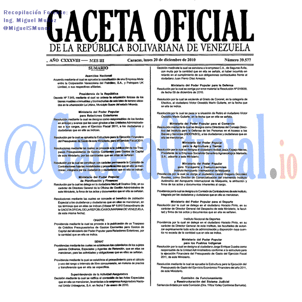 Gaceta Oficial 39577 del 20 Diciembre 2010