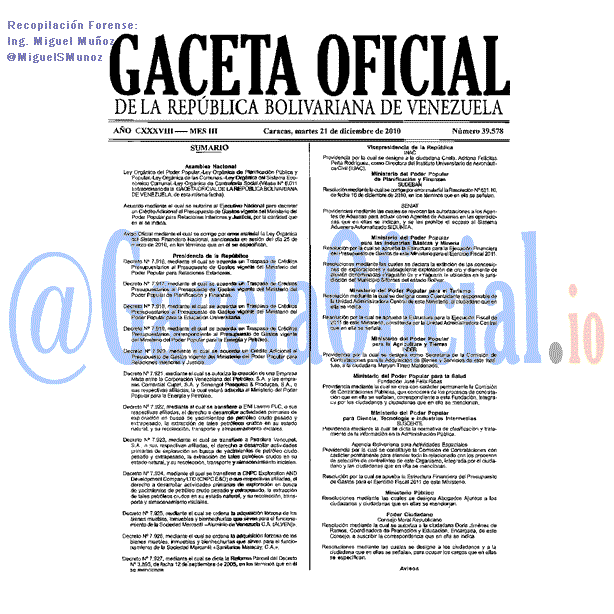 Gaceta Oficial 39578 del 21 Diciembre 2010