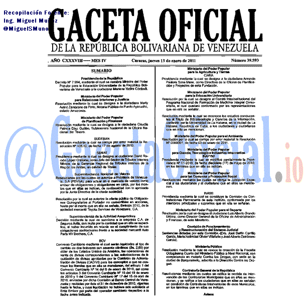 Gaceta Oficial 39593 del 13 Enero 2011
