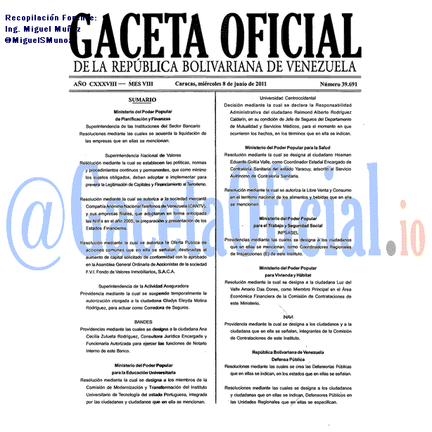 Gaceta Oficial 39691 del 8 Junio 2011