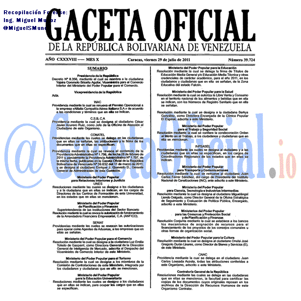 Gaceta Oficial 39724 del 29 Julio 2011