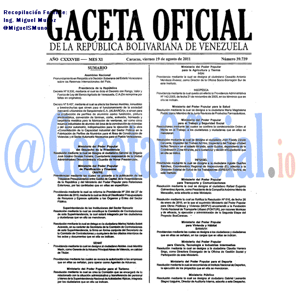 Gaceta Oficial 39739 del 19 Agosto 2011