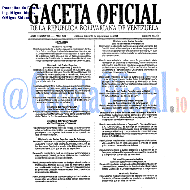 Gaceta Oficial 39765 del 26 Septiembre 2011