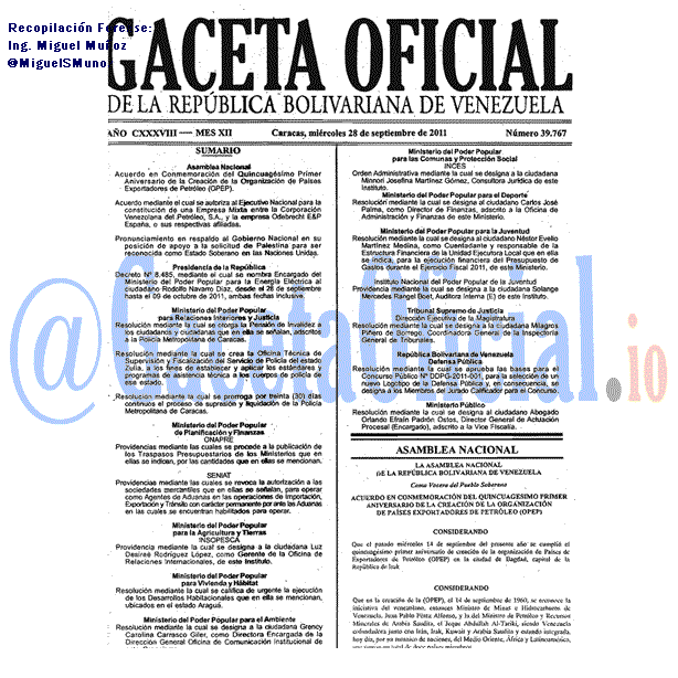 Gaceta Oficial 39767 del 28 Septiembre 2011