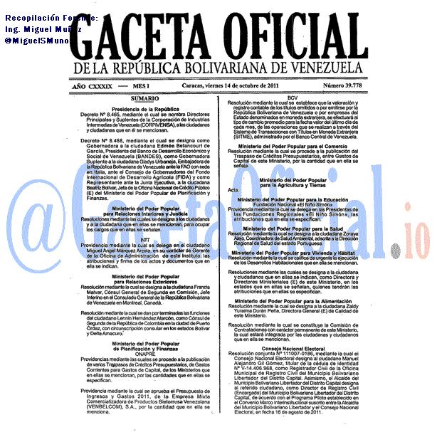 Gaceta Oficial 39778 del 14 Octubre 2011