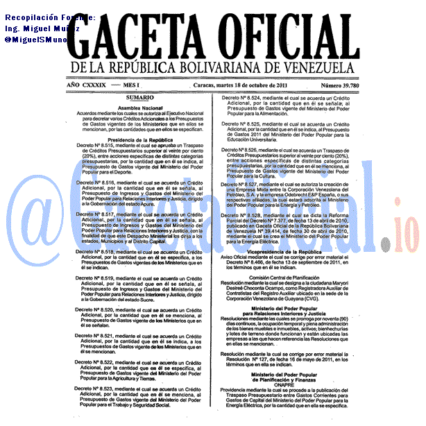 Gaceta Oficial 39780 del 18 Octubre 2011