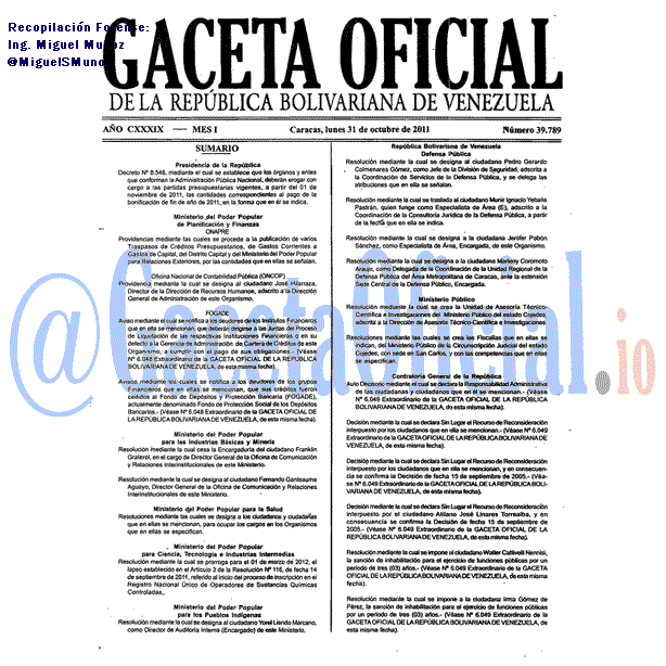 Gaceta Oficial 39789 del 31 Octubre 2011