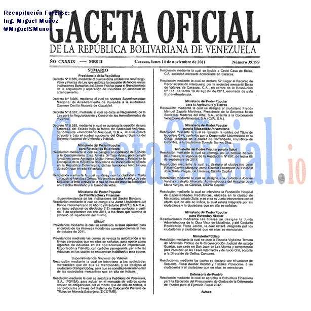 Gaceta Oficial 39799 del 14 Noviembre 2011
