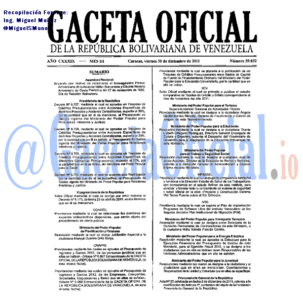Gaceta Oficial 39832 del 30 Diciembre 2011