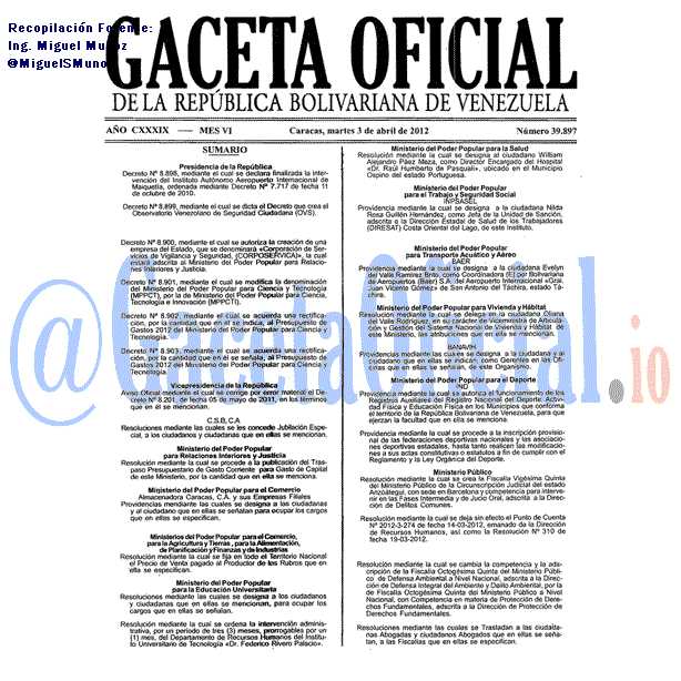 Gaceta Oficial 39897 del 3 Abril 2012