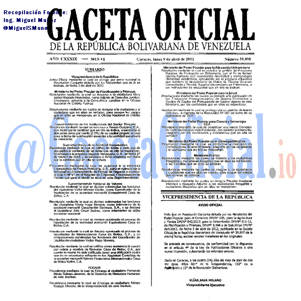 Gaceta Oficial 39898 del 9 Abril 2012