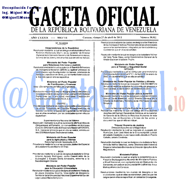 Gaceta Oficial 39911 del 27 Abril 2012