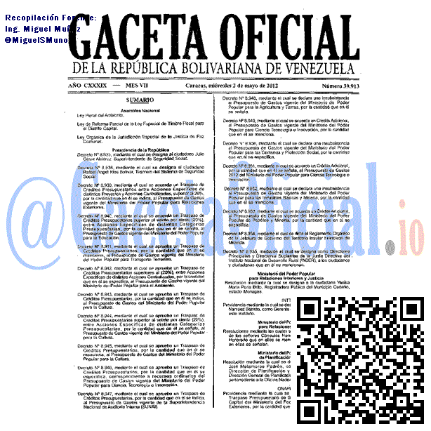 Gaceta Oficial 39913 del 2 Mayo 2012