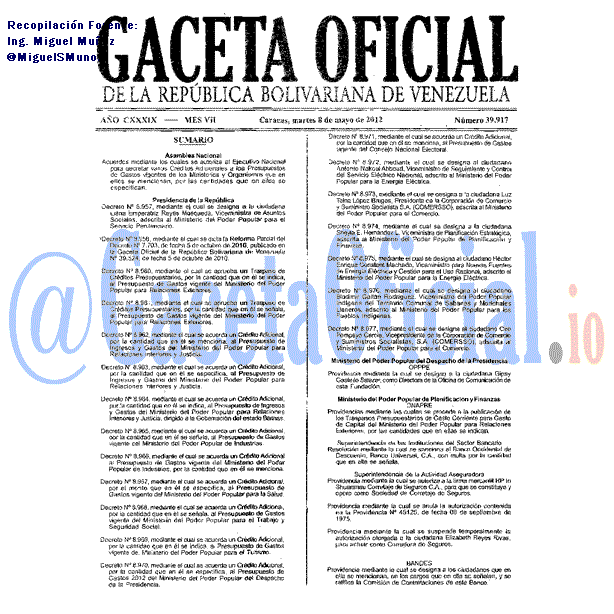 Gaceta Oficial 39917 del 8 Mayo 2012