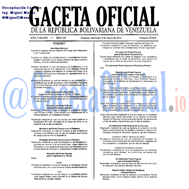 Gaceta Oficial 39918 del 9 Mayo 2012