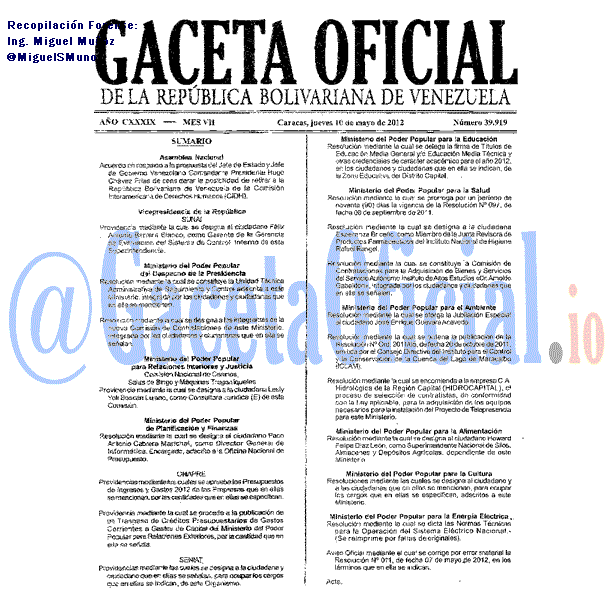 Gaceta Oficial 39919 del 10 Mayo 2012
