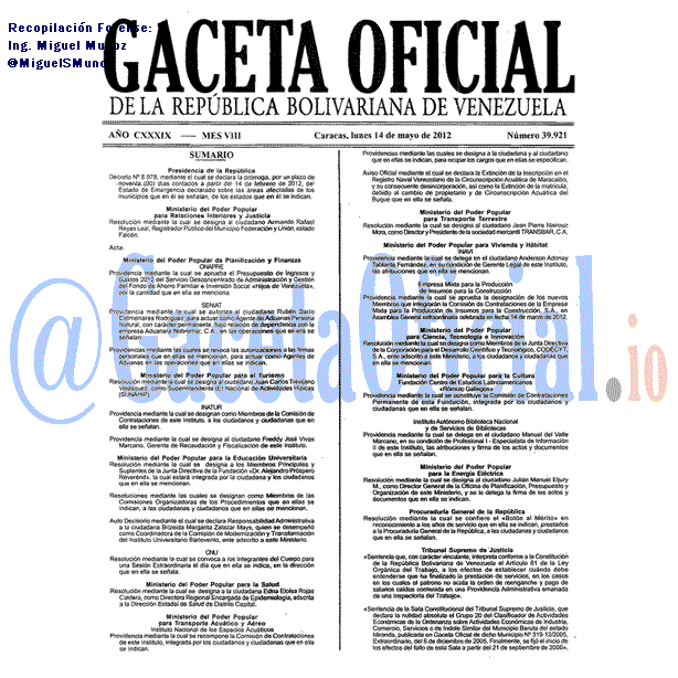 Gaceta Oficial 39921 del 14 Mayo 2012